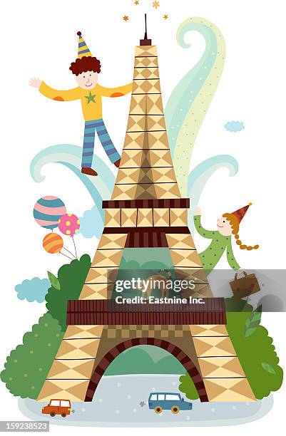 attractions of paris - eiffel tower on white stock illustrations