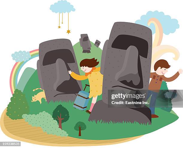 moai statues and children - two cats white background stock illustrations