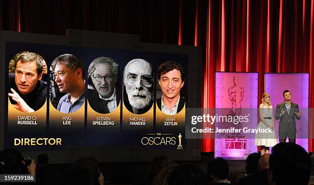 Actors Emma Stone and Seth MacFarlane announce Best Director nominees on stage during the 85th Academy Awards Nominations Announcement held at AMPAS...