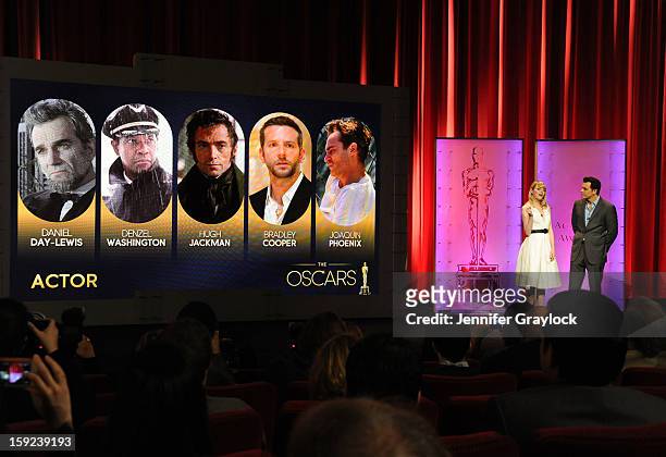 Actors Emma Stone and Seth MacFarlane announce Best Actor nominees on stage during the 85th Academy Awards Nominations Announcement held at AMPAS...