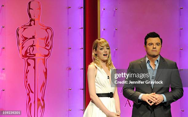 Actors Emma Stone and Seth MacFarlane on stage during the 85th Academy Awards Nominations Announcement held at AMPAS Samuel Goldwyn Theater on...