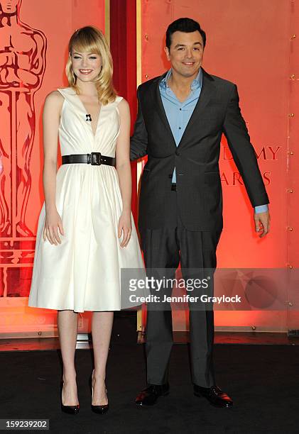 Actors Emma Stone and Seth MacFarlane on stage during the 85th Academy Awards Nominations Announcement held at AMPAS Samuel Goldwyn Theater on...