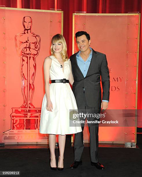 Actors Emma Stone and Seth MacFarlane on stage during the 85th Academy Awards Nominations Announcement held at AMPAS Samuel Goldwyn Theater on...