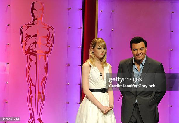 Actors Emma Stone and Seth MacFarlane on stage during the 85th Academy Awards Nominations Announcement held at AMPAS Samuel Goldwyn Theater on...