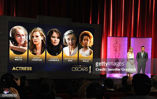 Actors Emma Stone and Seth MacFarlane announce Best Actress nominees on stage during the 85th Academy Awards Nominations Announcement held at AMPAS...