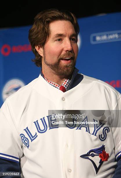 Dickey of the Toronto Blue Jays is introduced at a press conference at Rogers Centre on January 8, 2013 in Toronto, Ontario, Canada.