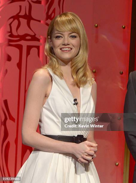 Actress Emma Stone attends the 85th Academy Awards Nominations Announcement at the AMPAS Samuel Goldwyn Theater on January 10, 2013 in Beverly Hills,...