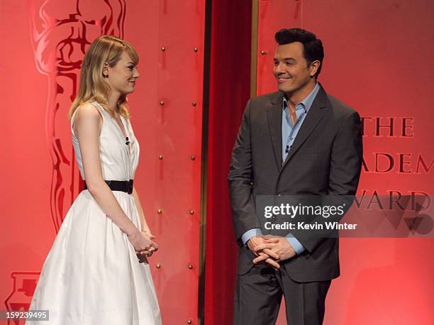 Emma Stone and Seth MacFarlane announce the nominees at the 85th Academy Awards Nominations Announcement at the AMPAS Samuel Goldwyn Theater on...