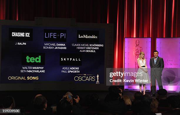 Emma Stone and Seth MacFarlane announce the nominees for Best Original Song at the 85th Academy Awards Nominations Announcement at the AMPAS Samuel...