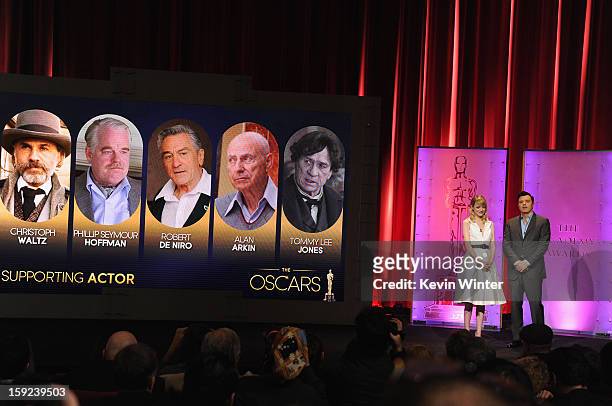 Emma Stone and Seth MacFarlane announce the nominees for Best Supporting Actor at the 85th Academy Awards Nominations Announcement at the AMPAS...