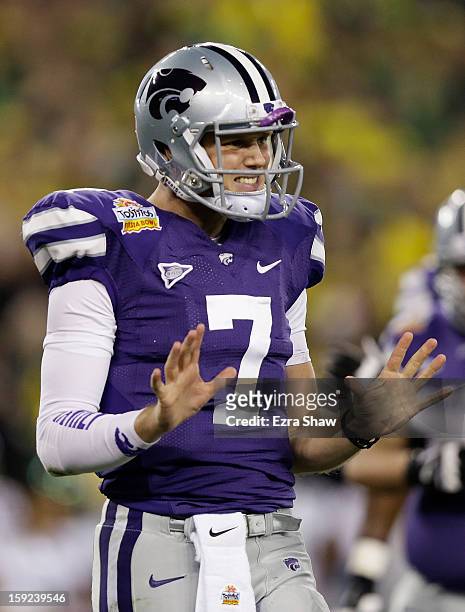 Collin Klein of the Kansas State Wildcats reatcs during the Tostitos Fiesta Bowl against the Oregon Ducks at University of Phoenix Stadium on January...