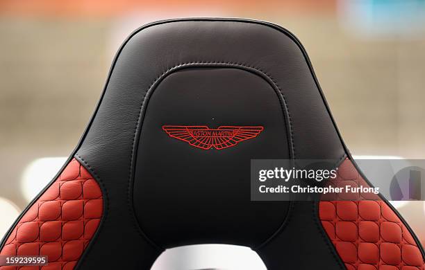 Seat for an Aston Martin Vanquish waits to be placed in the body of a car at the company headquarters and production plant on January 10, 2013 in...