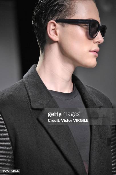 Model on the catwalk during the Katie Eary Ready to wear Fall/Winter 2013-2014 show at the London Collections: MEN AW13 at The Hospital Club on...