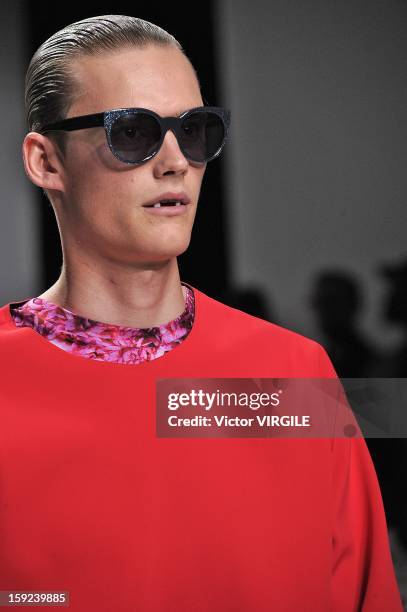 Model on the catwalk during the Katie Eary Ready to wear Fall/Winter 2013-2014 show at the London Collections: MEN AW13 at The Hospital Club on...