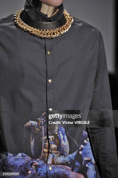 Model on the catwalk during the Katie Eary Ready to wear Fall/Winter 2013-2014 show at the London Collections: MEN AW13 at The Hospital Club on...