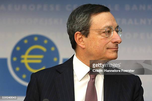 Mario Draghi, President of the European Central Bank , speaks to the media following a meeting of ECB leadership at the European Central Bank on...