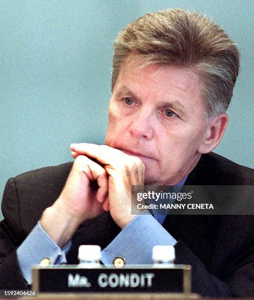 Congressman Gary Condit listens during US House Agriculture Committee hearings 18 July, 2001. Condit is under intense scrutiny in the case if missing...