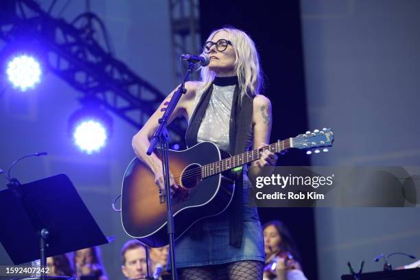 Aimee Mann performs at 'Music & Conversation with Aimee Mann and Ann Powers' at Damrosch Park on July 30, 2023 in New York City.