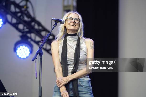 Aimee Mann performs at 'Music & Conversation with Aimee Mann and Ann Powers' at Damrosch Park on July 30, 2023 in New York City.