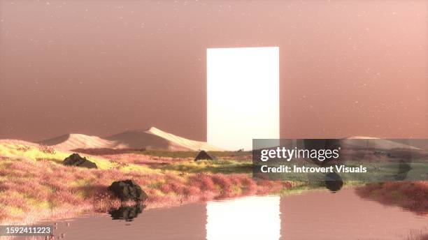 dreamscape 3d scene calming digital art lanscape with metaverse portal. green, pink and peach colors. - surrealism stock pictures, royalty-free photos & images
