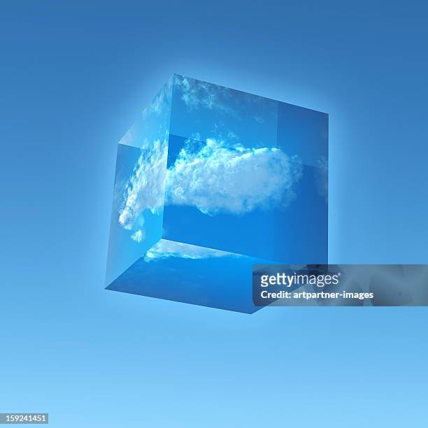 transparent cube with a cloud inside - cloud computing stock-fotos und bilder