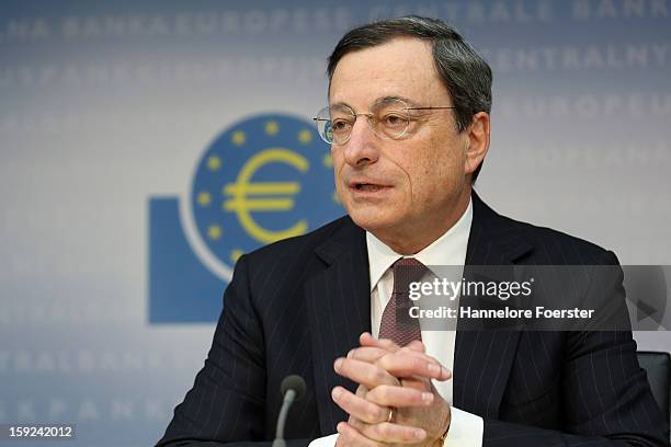 Mario Draghi, President of the European Central Bank , speaks to the media following a meeting of ECB leadership at the European Central Bank on...