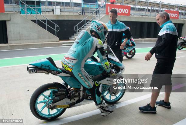 Jaime Masia of Spain and Leopard Racing returns in box during the MotoGP of Great Britain - Free Practice at Silverstone Circuit on August 04, 2023...