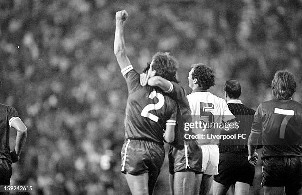 Phil Neal of Liverpool celebrates scoring the opening goal of the match during the UEFA European Cup Final between AS Roma and Liverpool FC held on...