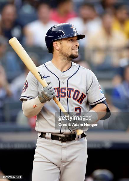 Alex Bregman of the Houston Astros waits for a pitch during an at-bat during the first inning against the New York Yankeesat Yankee Stadium on August...