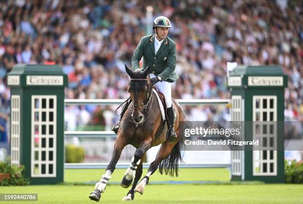 Dublin , Ireland - 11 August 2023; Cian O'Connor of Ireland competes on Eve d'Ouilly during the Longines FEI Jumping Nations Cup of Ireland...