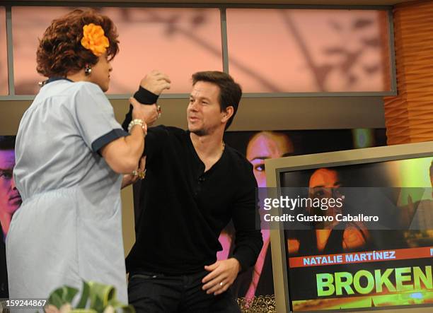 Raul Gonzalez and Mark Wahlberg on The Set Of Despierta America to promote new film "Broken City" at Univision Headquarters on January 10, 2013 in...
