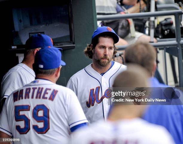 New York Mets R.A. Dickey at end of 7th after giving up one run against the Philadelphia Phillies during the first game of a double-header at Citi...