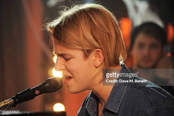 Tom Odell, winner of the BRIT's Critics Choice Award, performs at the BRIT Awards nominations announcement at The Savoy Hotel on January 10, 2013 in...