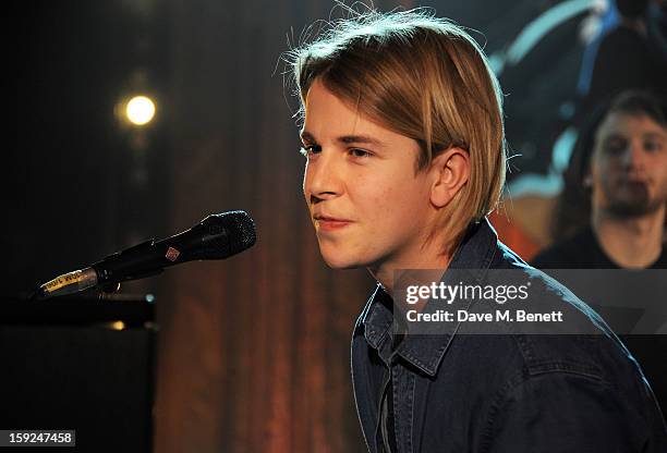 Tom Odell, winner of the BRIT's Critics Choice Award, performs at the BRIT Awards nominations announcement at The Savoy Hotel on January 10, 2013 in...