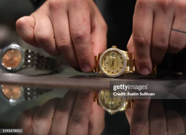 Secondhand Rolex luxury watches are displayed at Seregins Fine Timepieces on August 04, 2023 in San Francisco, California. Prices for secondhand...