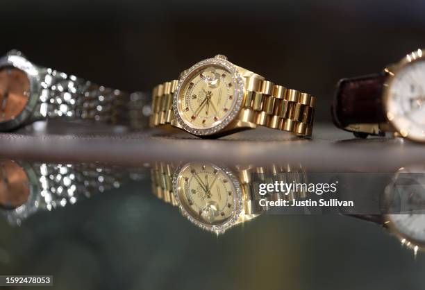 Secondhand Rolex luxury watches are displayed at Seregins Fine Timepieces on August 04, 2023 in San Francisco, California. Prices for secondhand...