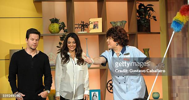 Mark Wahlberg, Natalie Martinez and Raúl González on The Set Of Despierta America to promote new film "Broken City" at Univision Headquarters on...