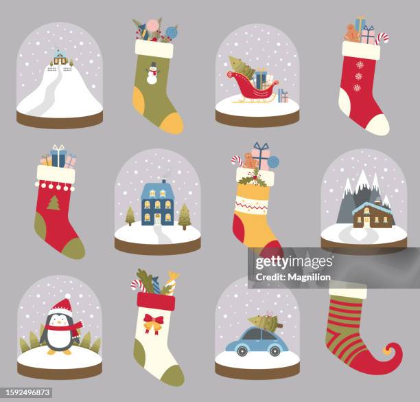 stockillustraties, clipart, cartoons en iconen met christmas decoration, christmas snowball,  snow globe, christmas socks set - empty snow globe