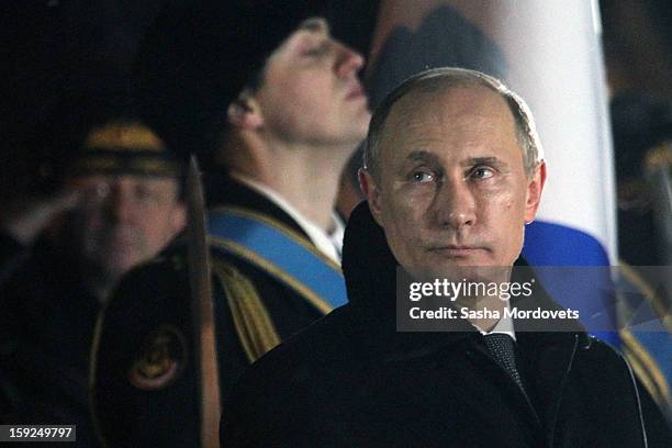 Russian President Vladimir Putin visits the heavy nuclear-powered missile cruiser Pyotr Veliky at the Russian Northern Fleet's base January 10, 2013...