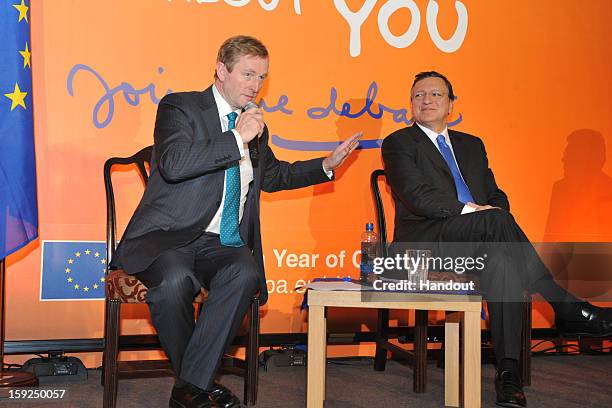 In this handout image provided by Justin MacInnes, Jose Manuel Barroso , President of the European Commission with Taoiseach Enda Kenny attend the...