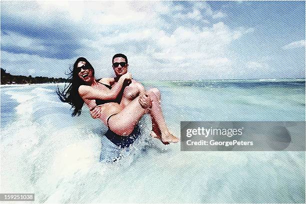 happy couple having fun at the beach - playa del carmen mexico beach stock illustrations