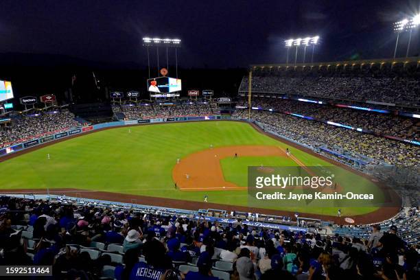 General view of Dodger Stadium on August 3, 2023 in Los Angeles, California.
