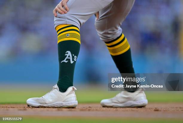 Detailed view of Oakland Athletics logo socks during the game against the Los Angeles Dodgers at Dodger Stadium on August 3, 2023 in Los Angeles,...