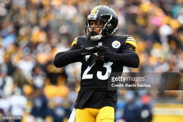 Joe Haden of the Pittsburgh Steelers looks on during an NFL game against the Tennessee Titans at Heinz Field on December 19, 2021 in Pittsburgh,...