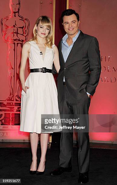 Emma Stone and Seth MacFarlane attend the nominations announcement for the 85th Academy Awards held at AMPAS Samuel Goldwyn Theater on January 10,...