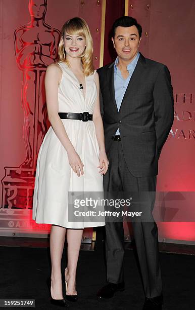 Emma Stone and Seth MacFarlane attend The 85th Academy Awards Nominations Announcement held at AMPAS Samuel Goldwyn Theater on January 10, 2013 in...