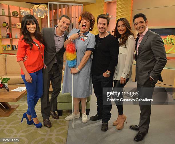 Karla Martinez,Alan Tacher,Raul Gonzalez,Mark Wahlberg,Natalie Martinez and Johnny Lozada on The Set Of Despierta America to promote new film "Broken...