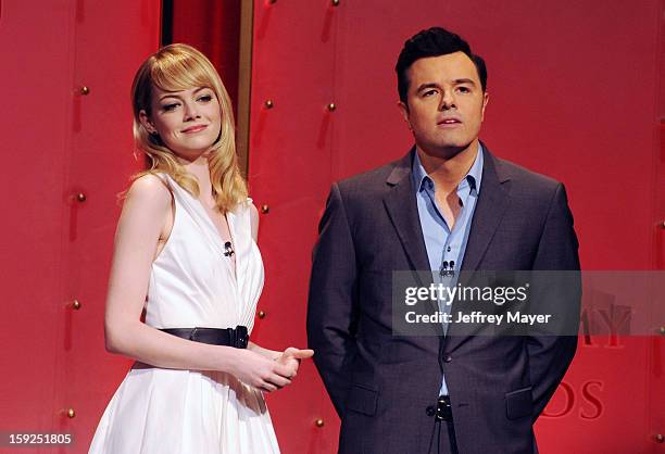 Emma Stone and Seth MacFarlane onstage at The 85th Academy Awards Nominations Announcement held at AMPAS Samuel Goldwyn Theater on January 10, 2013...