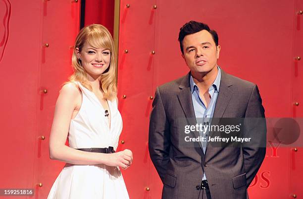 Emma Stone and Seth MacFarlane onstage at The 85th Academy Awards Nominations Announcement held at AMPAS Samuel Goldwyn Theater on January 10, 2013...