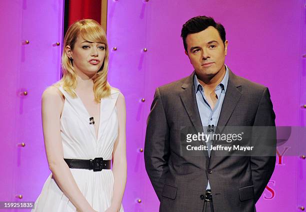 Emma Stone and Seth MacFarlane onstage at The 85th Academy Awards Nominations Announcement held at AMPAS Samuel Goldwyn Theater on January 10, 2013...